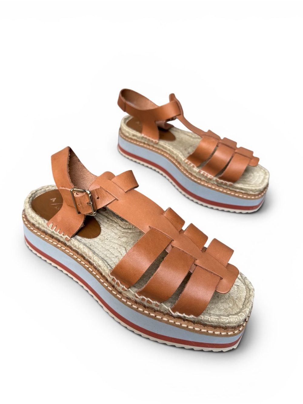 Anthropologie Sporty Platform Sandals in Honey Tan Brown Leather / Raffia size 9 - Picture 6 of 11